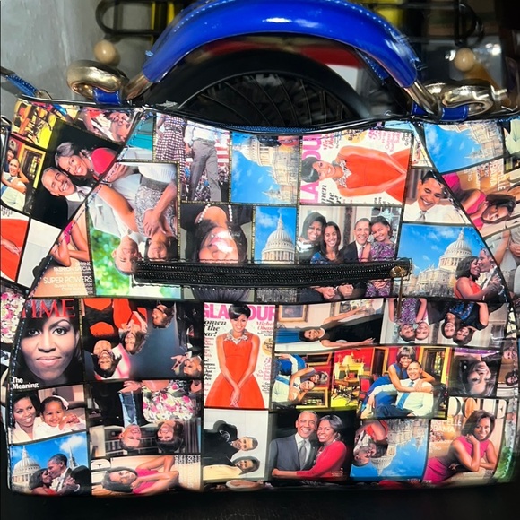 Colorful Collage Handbag with Blue Accents - Picture 2 of 9